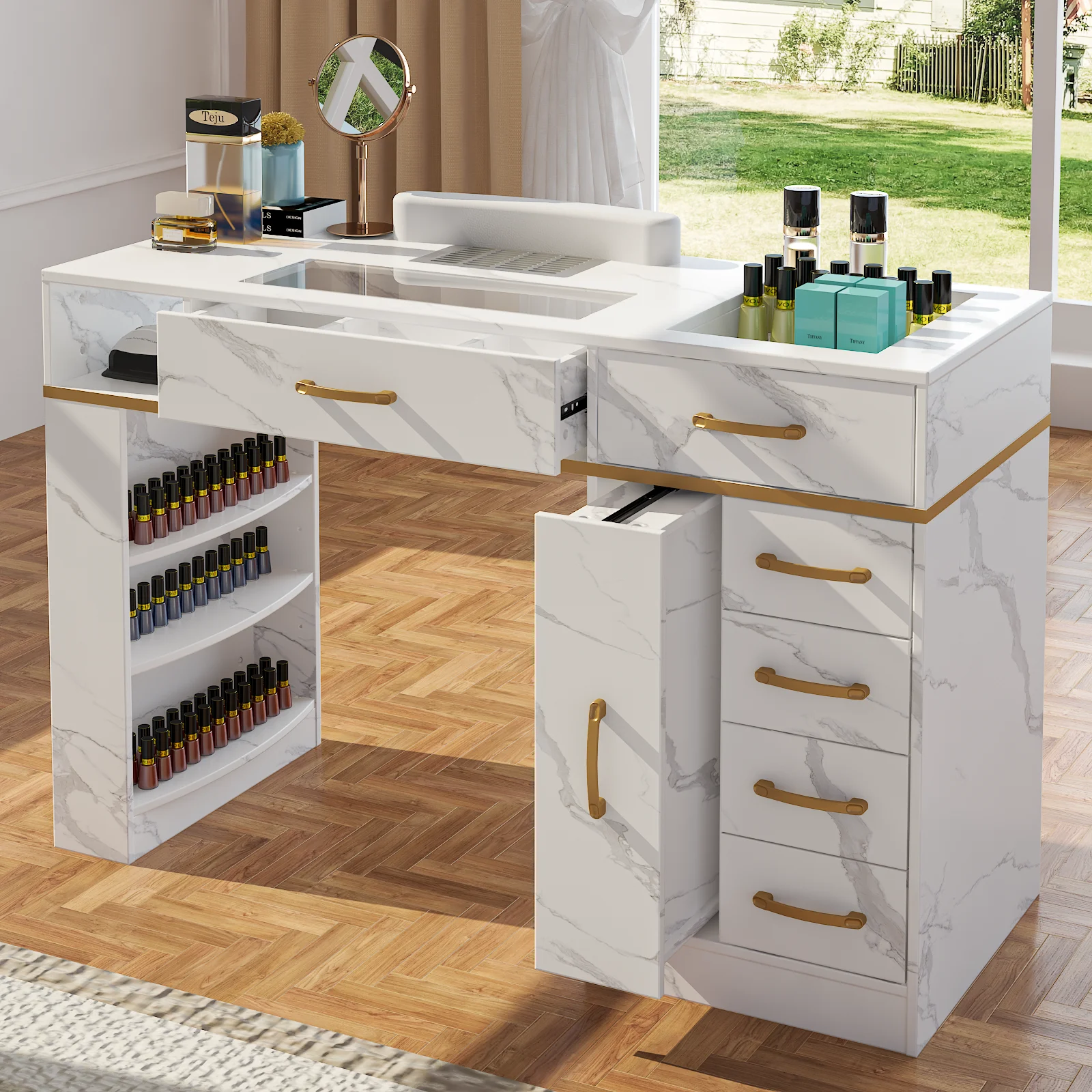 Nail Table Station with Dust Collector, Glass Top Manicure Desk with 7 Drawers & 3-Tier Open Shelves for Nail Salon & Home Use