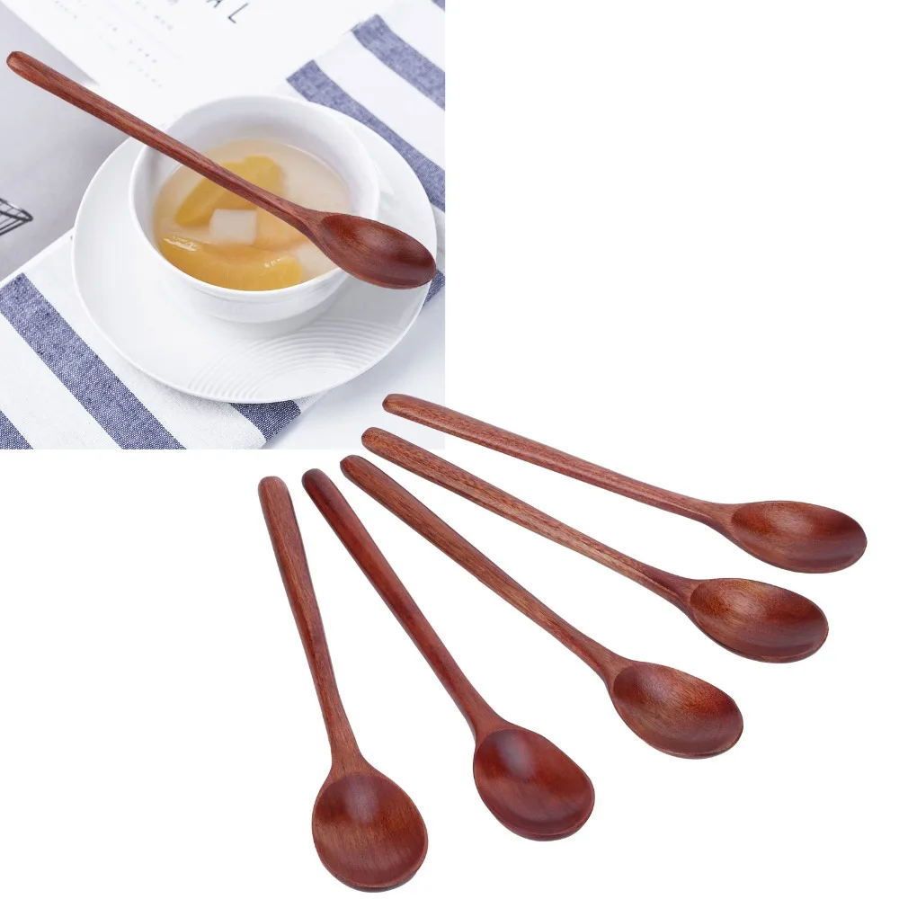 5Pcs Solid Wood Soup Spoon Practical Long Handle Grip Cooking Spoon Smooth Polished Non‑scratch Rice Spoon Stew Cooking