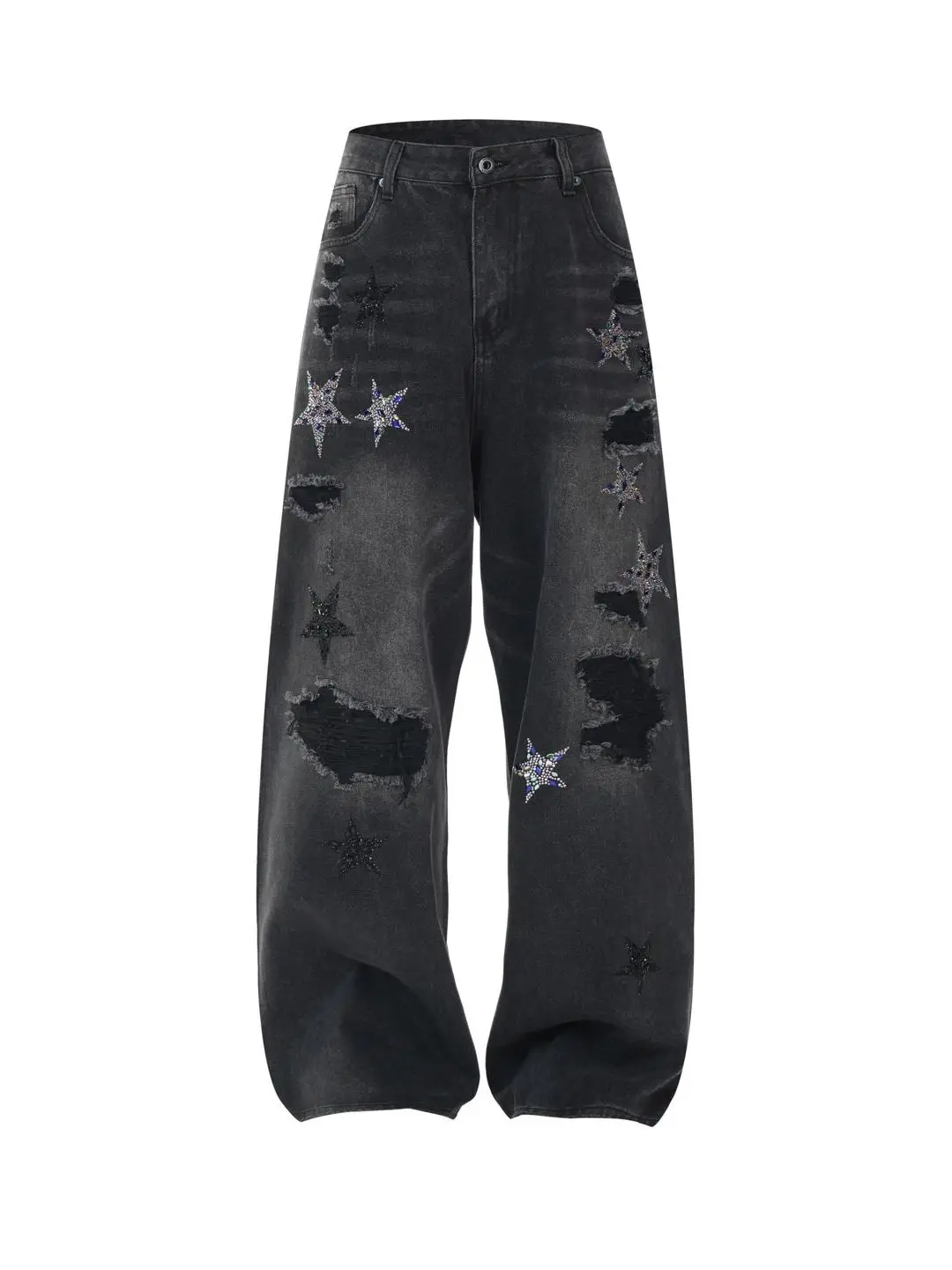 Designsecrets Calças Jeans Estilo Americano com Estrelas de Strass, Largas e Soltas, para Homens e Mulheres, Jeans Casuais de Algodão