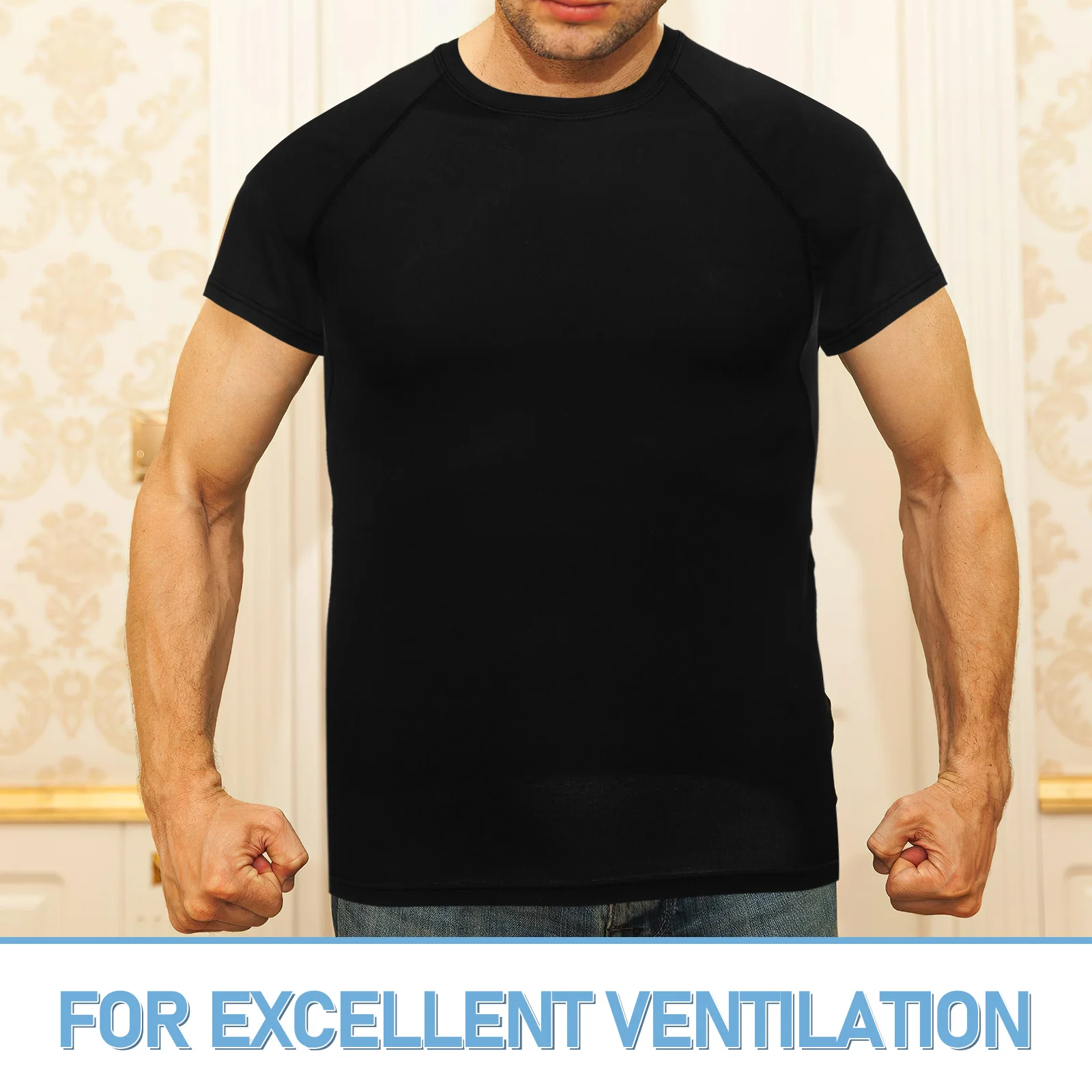 Men Shirts Quick-drying Short Sleeves Athletic Top Tops Workout Black Running Gym for Men Half Running Chemical(M)