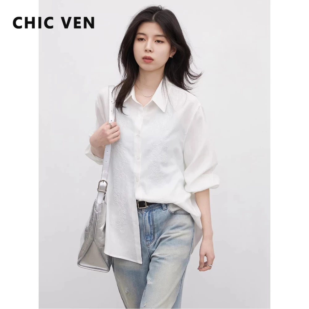 

CHIC VEN Fashion Women Shirt White Loose Casual Long Sleeved Female Stereoscopic Line Embroidered Blouses Spring Summer 2026