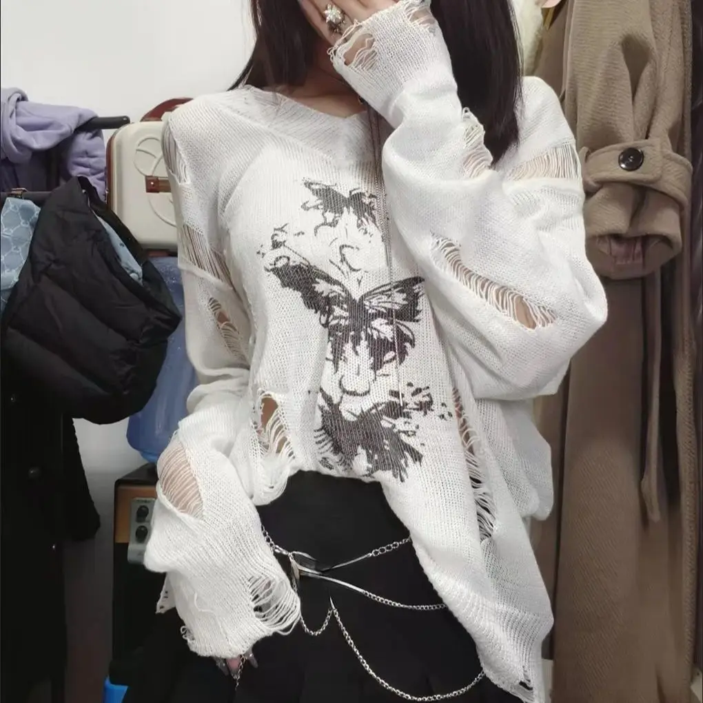 بلوفرات نسائية بأكمام طويلة على طراز هاراجوكو ثقافة فرعية سترات مطبوعة بفيونكة غير رسمية Y2k ملابس خروج أمريكية عتيقة #1