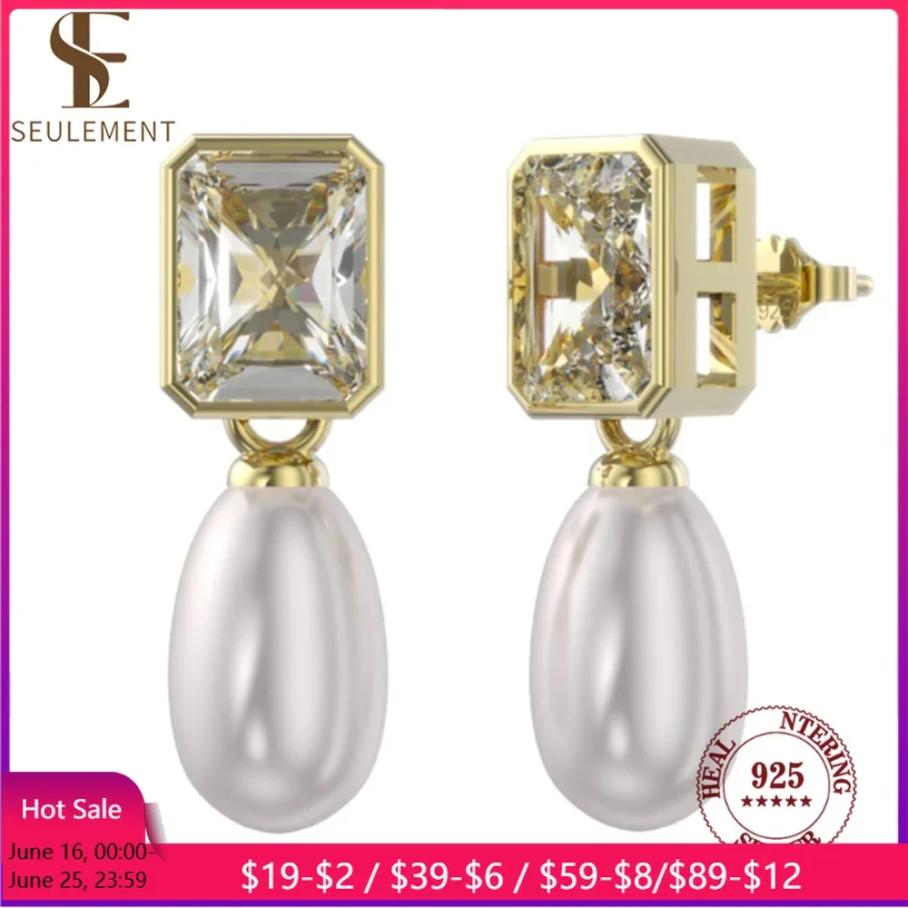 

Seulement Natural Freshwater Pearls Earrings for Women 925 Sterling Silver Square Zircon Pearl Stud Earring Luxury Jewelry