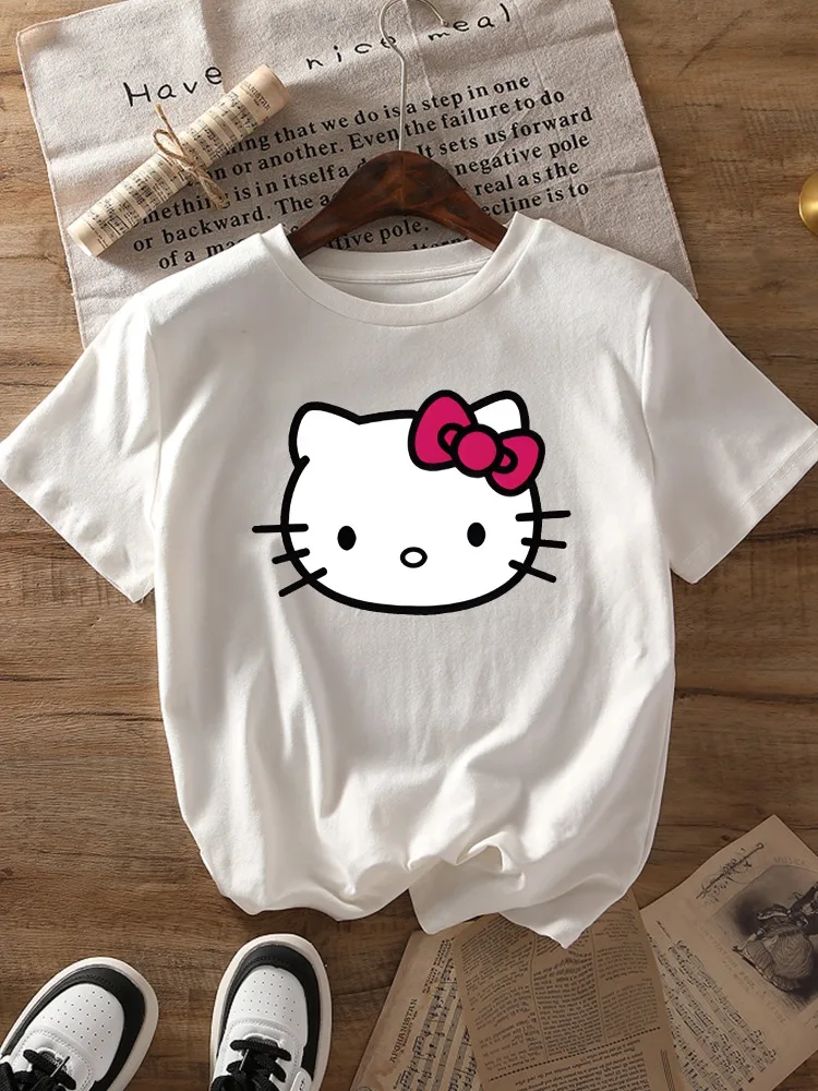 

Hello Kitty Повседневная женская футболка Модная футболка свободного кроя с круглым вырезом Удобная рубашка из чистого хлопка Топ в стиле Харадзюку