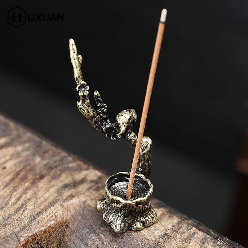 【W】Antique Copper Magpie Plum Tree Branch Ornaments Creative Incense Burner Holder Home Office Desk Decorations Accessories