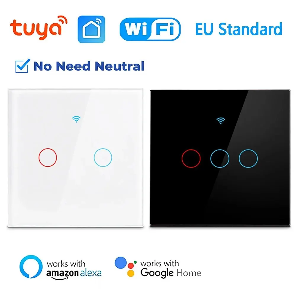 WiFi Smart Switch EU Light Wall Touch Switch No Neutral Wire Tuya Smart Life Work with Alexa Google Home Voice Control 1/2/3Gang