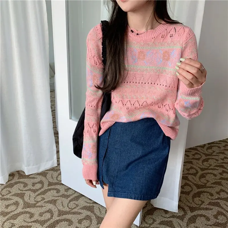 Temperament Spring Autumn New Sweaters Women\'s O-Neck Hollow Out Contrast Color Korean Casual Long Sleeve Pullovers Knitted Tops