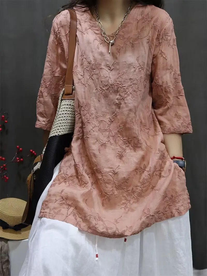 

New Chinese Style Embroidered Loose Cotton Linen Shirt Women's Mid-Length V-Neck Summer Loose plus Size Belly Cover Split