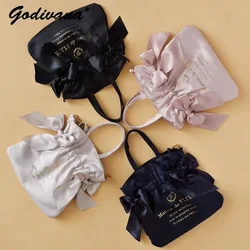 Japanese New Satin Double Bow Portable Shoulder Crossbody Women Bags with Long Shoulder Straps Sweet Letters Tote Bags