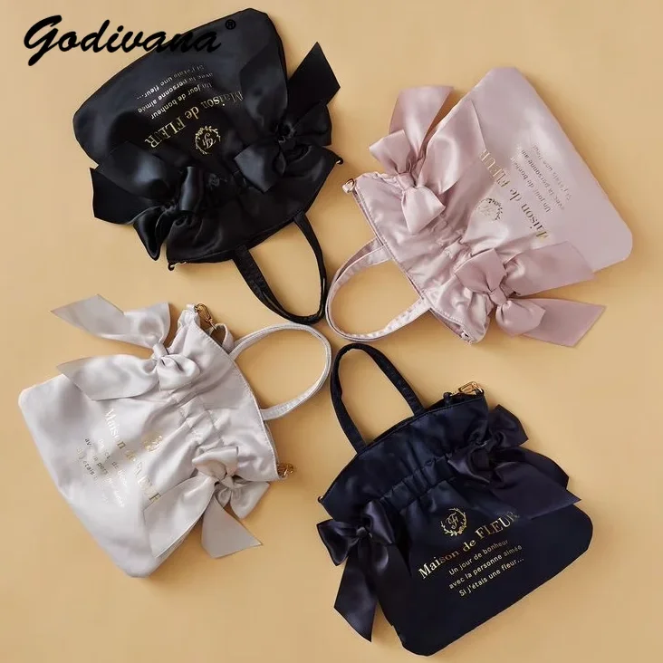 Japanese New Satin Double Bow Portable Shoulder Crossbody Women Bags with Long Shoulder Straps Sweet Letters Tote Bags