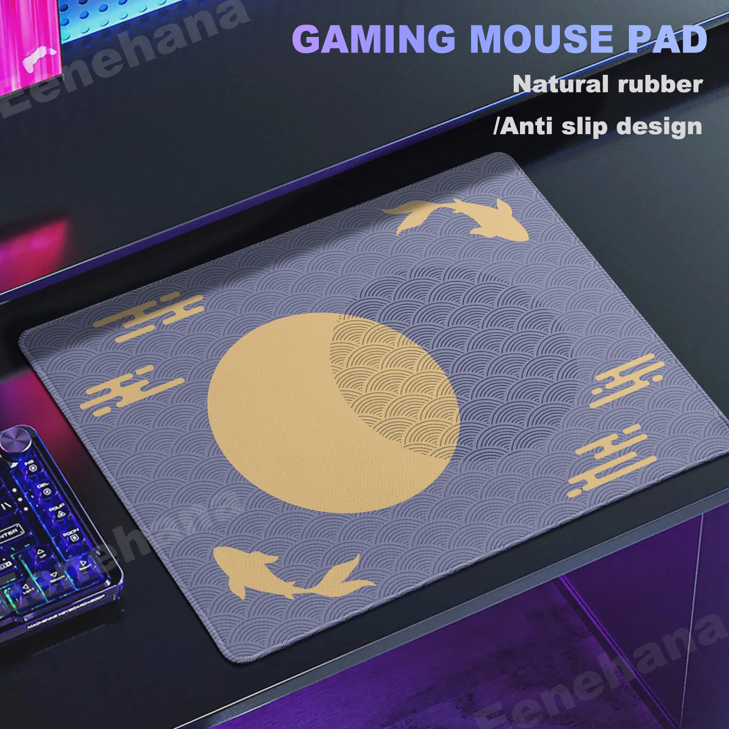 Purple & Gold Koi Fish Mouse Pad Aesthetic Sun Cloud Deskpad Small Gaming Deskmat Rubber Office PC Mousepad E-Sports Mousemat