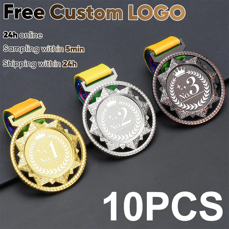 10PCS Personalized Award Medals with Color Ribbon Gold Silver Winner Reward Medals Customized Prize Gift School Sports Souvenir