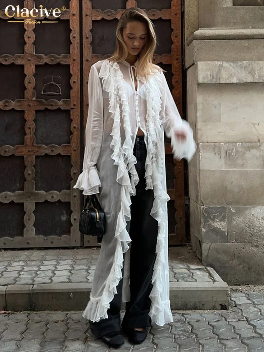 Clacive Sexy Loose White Women's Dress Fashion O-Neck Long Sleeve Ankle Length Dresses Elegant See Through Ruffle Female Dress