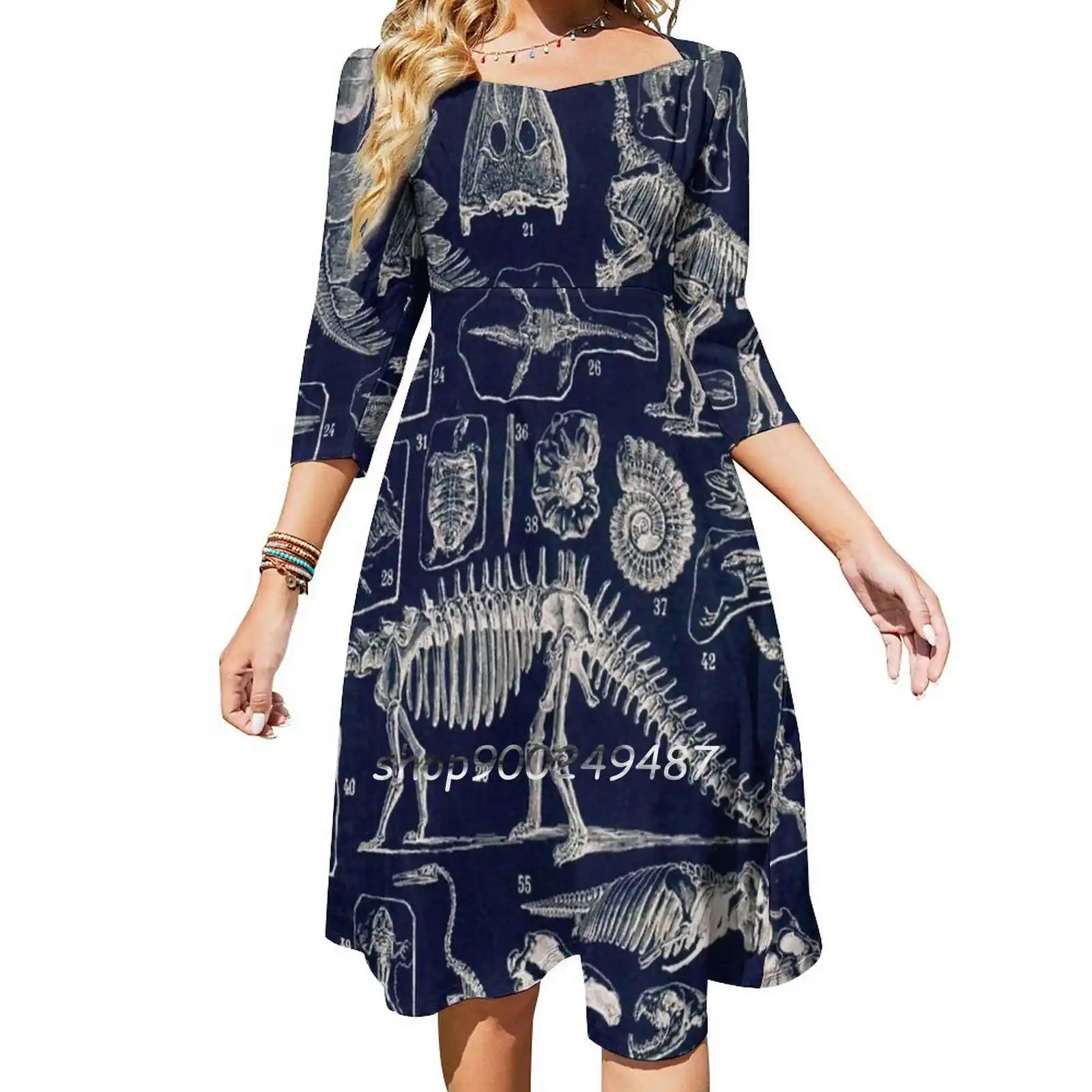 Adolphe Millot-Paleontologie ( Paleontology )-Vintage Flare Dress Square Neck Dress Elegant Female Fashion Printed Dress