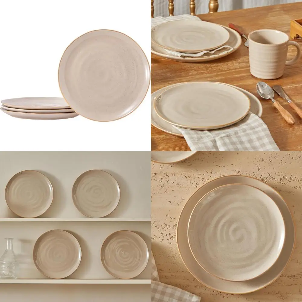 

light beige 10 inch stoneware dinner plates set, set of 4, microwave and dishwasher safe, for main course, steak, pasta