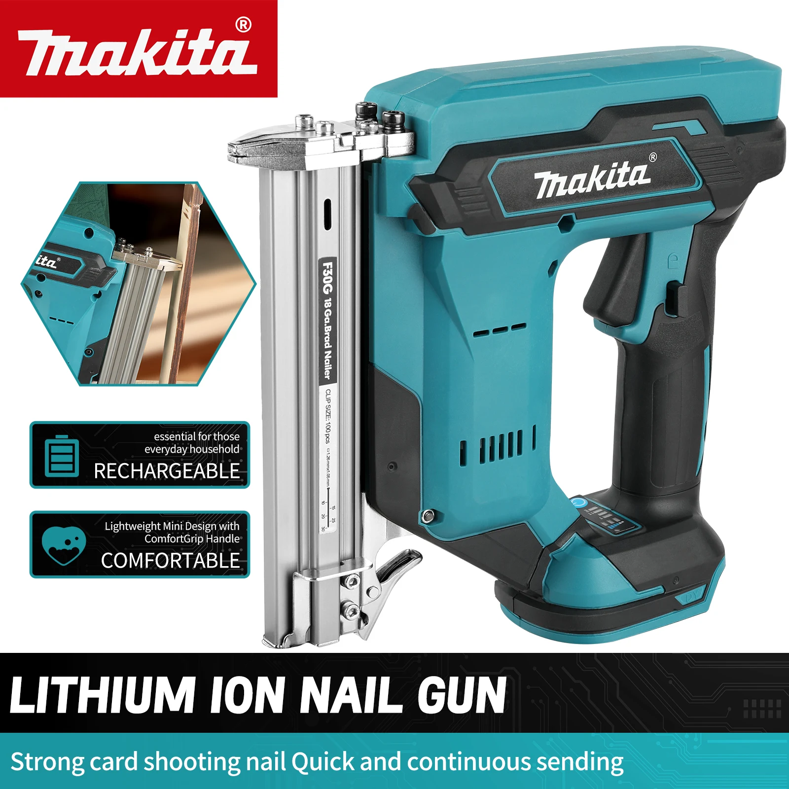 For Makita F30 Cordless Brad Nailer, 18/20V Rechargeable Nail Gun for Woodworking, Furniture Assembly & Decoration Nailing