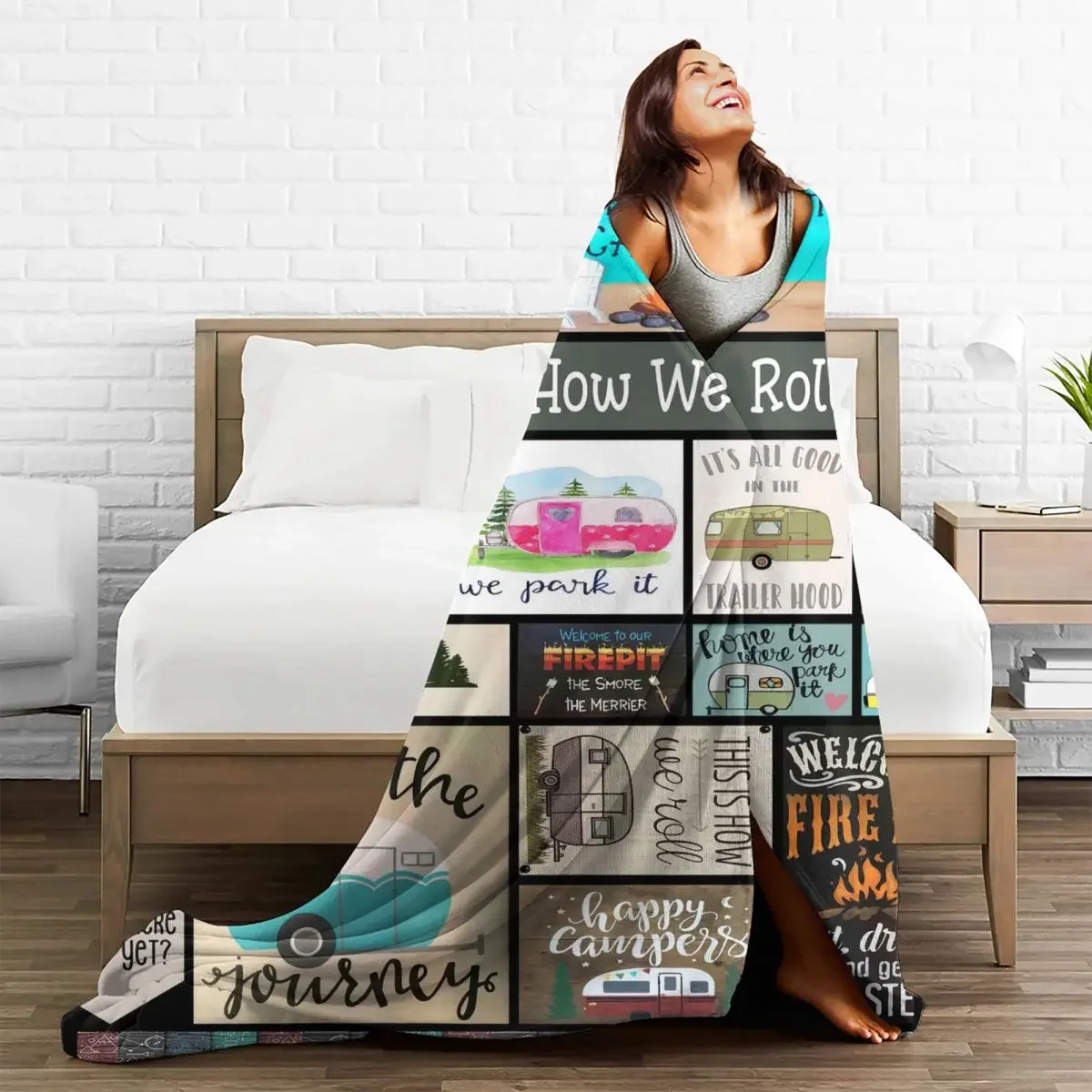 

Baby Blanket Happy Camper Cartoon Plaid Sofa Cover Flannel Spring Autumn Super Portable Warm Throw for Bedding Car Bedspread