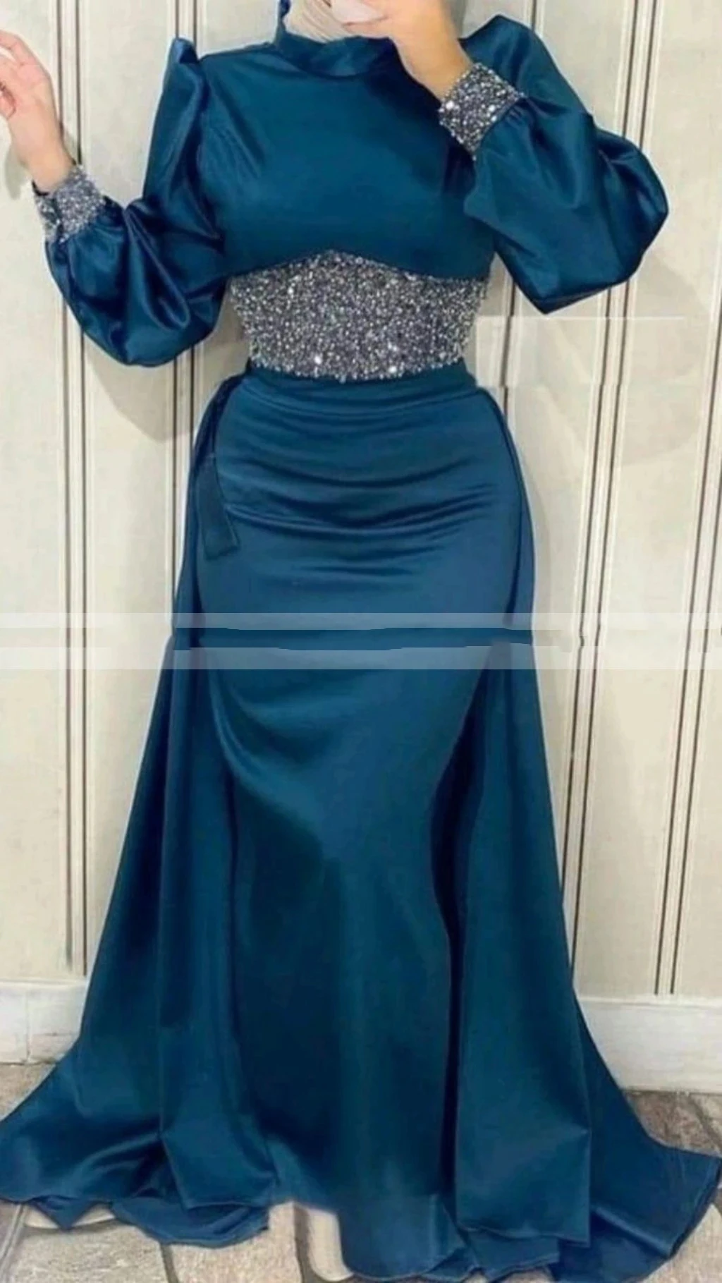 Blue Women's Evening Dresses Mermaid Long Sleeve Elegant High Collar Princess Prom Gowns Fashion Celebrity Wedding Formal Party