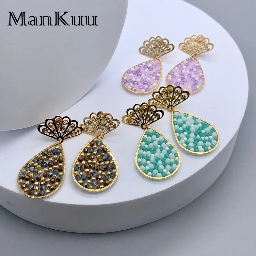 

Mankuu Fashion Handmake 2mm Millet Beads With Crystal Earrings Gold Plated Stainless Steel Water Drop Accessories Jewelry Women