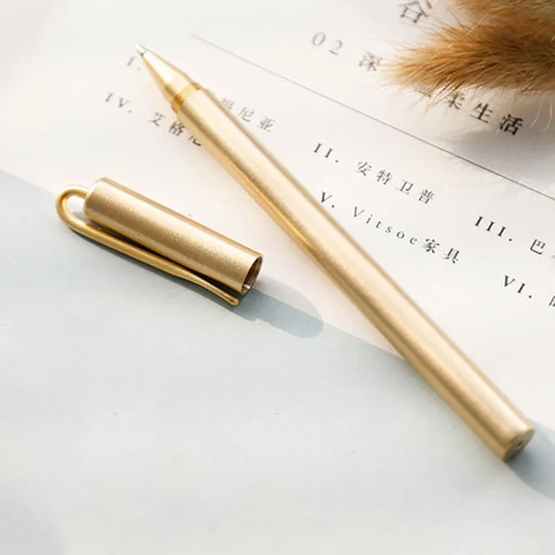 Fromthenon Round Metal Texture Nordic Style Gold Retro Pure Brass Pen Student Teacher Business Neutral Pen Writing Supplies