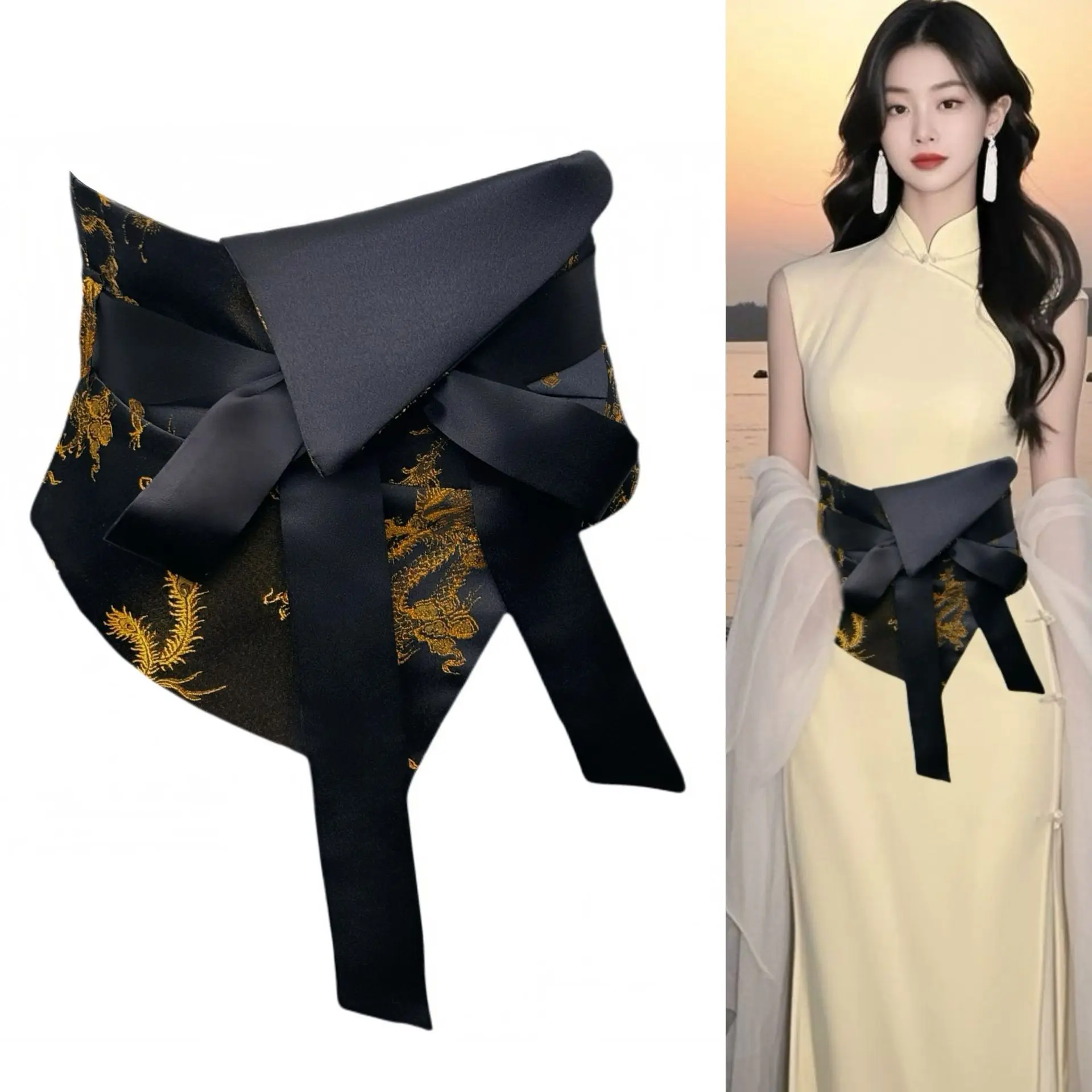 Gold Brocade Dragon Pattern Wide Waistband, Women's Accessory Waist Cinching, New Chinese Style Decoration for Dresses