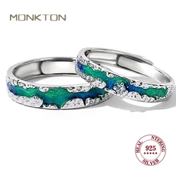 Monkton S925 Sterling Silver Aurora Couple Ring for Women Men Blue Adjustable Enamel Starry Sky Rings for Birthday Gift Jewelry