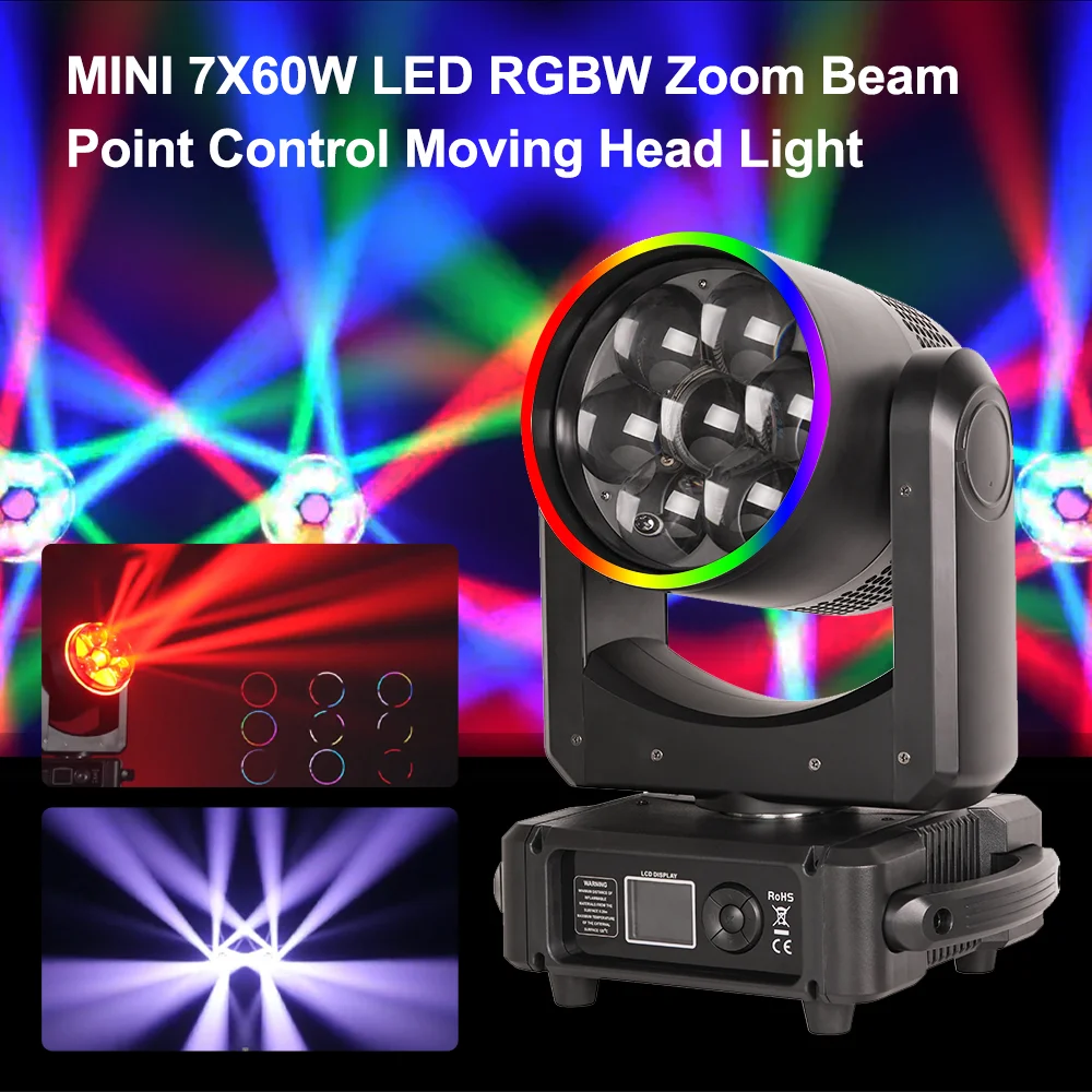 

7X60W LED RGBW Bee Eye Circle Control Zoom Beam Moving Head Light with ring CTO Wash Rainbow effect DMX512 For DJ Disco party