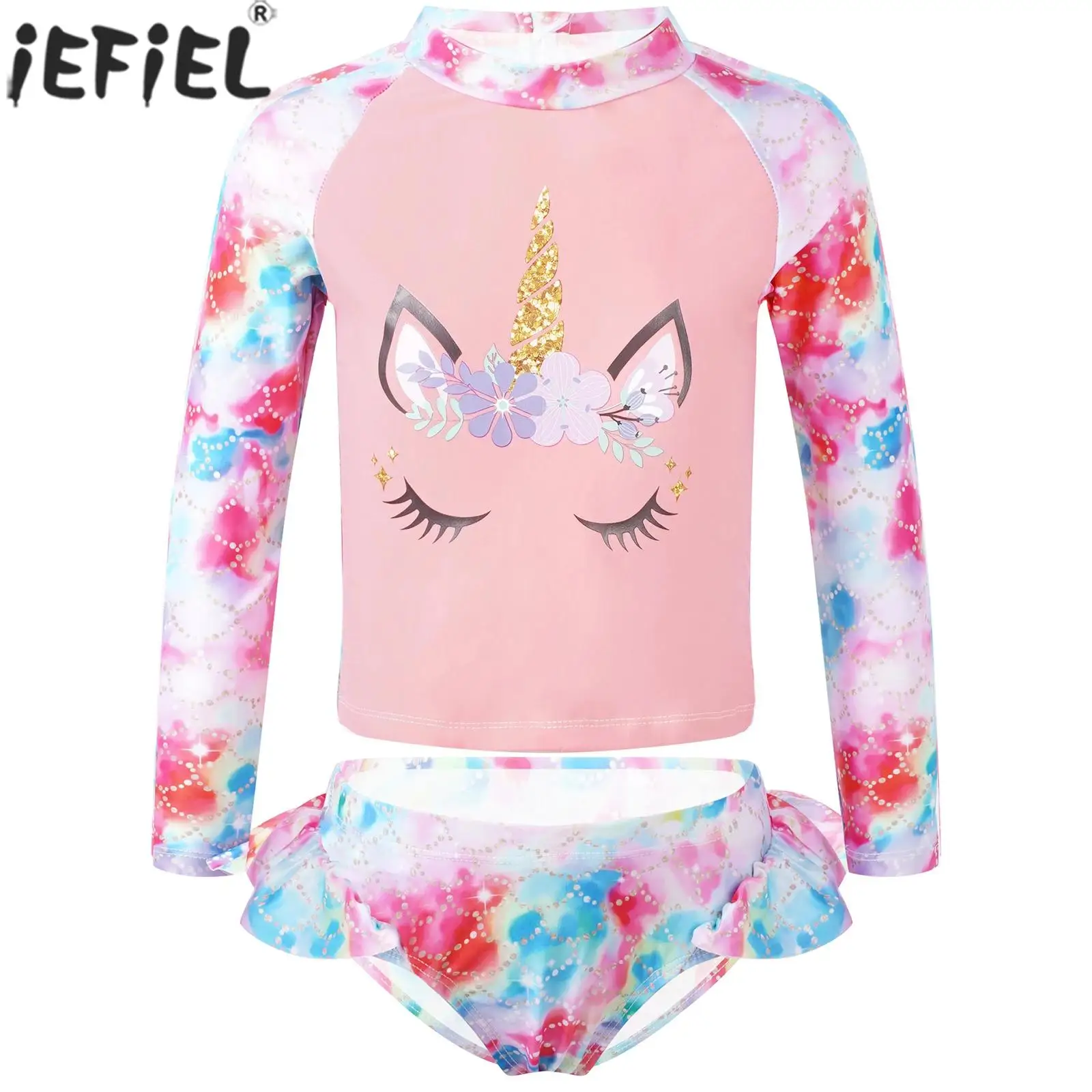 

Girls 2Pcs Swimsuit Fish Scales Print Tankini Swimwear Long Sleeve Tops with Briefs Beachwear Bathing Suit for Pool Water Sport