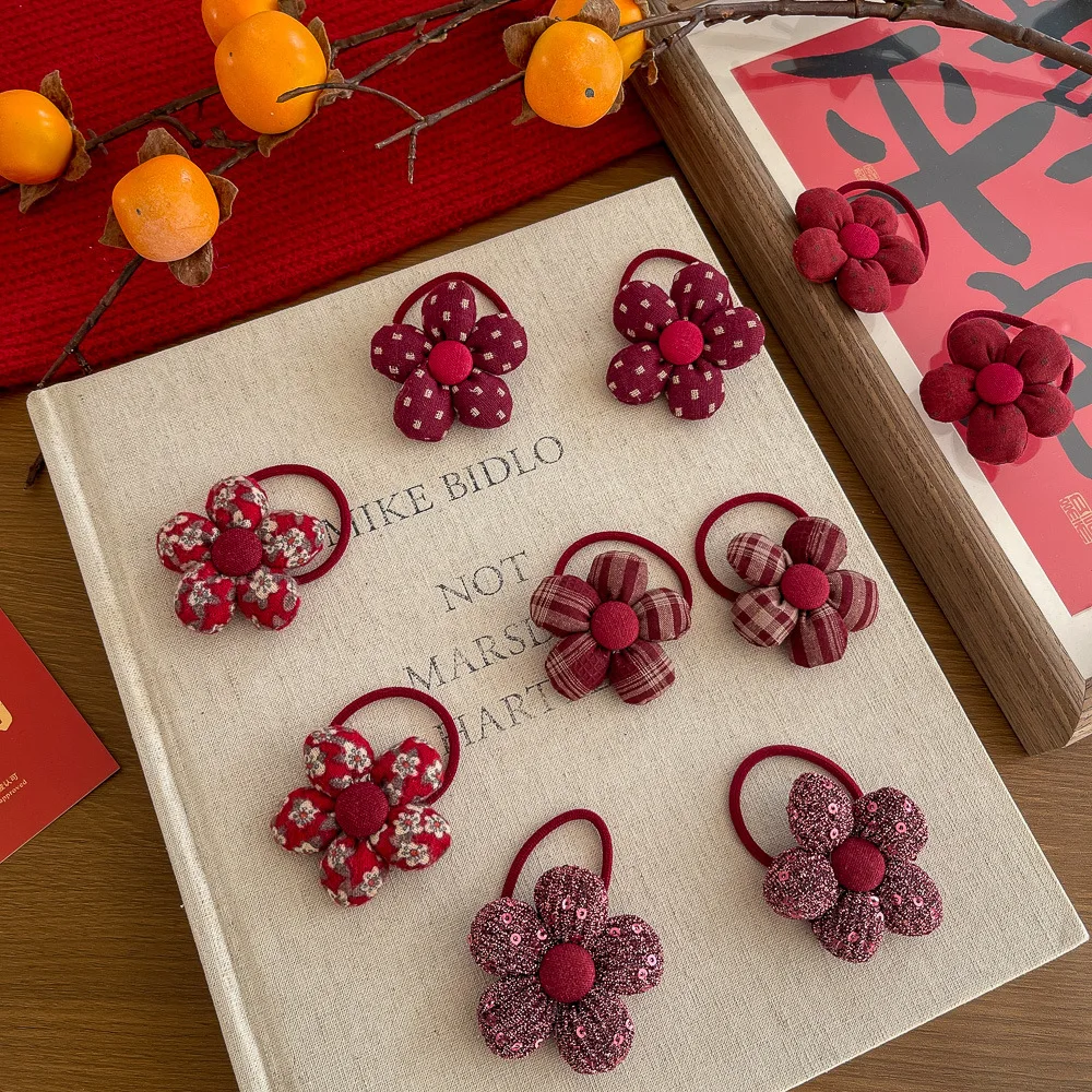 

2pcs Baby Girl Hair Rope Tie New Year's Red Plaid Flower Elastic Hair Band Ponytail Holder Rubber Band Children Hair Accessories