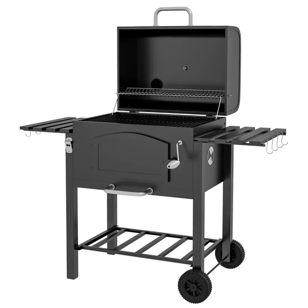 Large Camping Barbecue Grill Charcoal Cookware with Folding Legs And Thermometer Easy Assembly for Backyard Kitchen Dining
