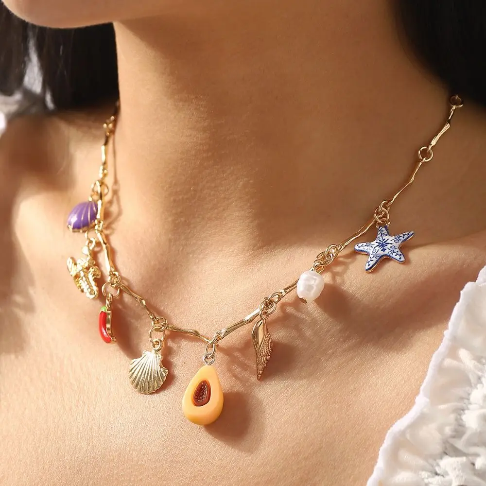 

Retro Love Sun Pendant Necklace Fruit Avocado Rice Bead Necklace Necklace Set Ethnic Style Dopamine Necklace Women