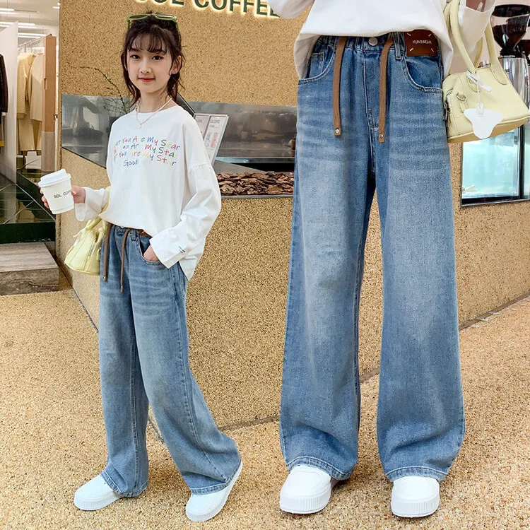 2025 جديد جينز بناتي عالي الجودة عتيق من قماش الدنيم بنطال ذو قصة أرجل واسعة ملابس أطفال بناطيل متينة غير رسمية لملابس المراهقين