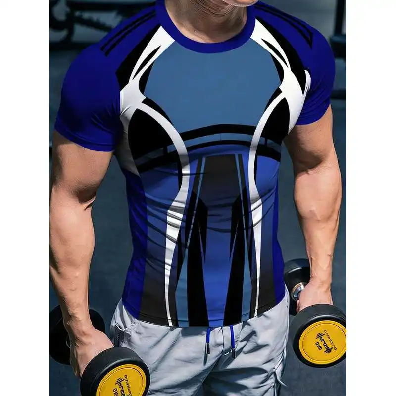 Functional Competitive Style Men'S Blue Black Geometric Patchwork Print Elastic Training Tight Sports Quick-Dry Top Short Sleeve