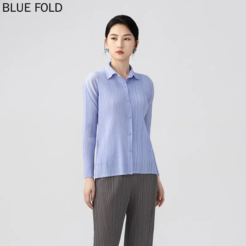 Miyake Haut plissé pour femme, cardigan, chemise à manches longues, simple boutonnage, haut de tempérament