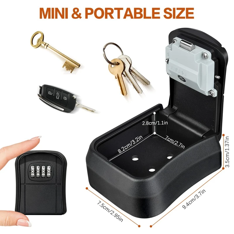 Wall Mounted Mini Key Safe Box, Outdoor Key Box, Resettable 4-Digit Number Code, Waterproof Key Box