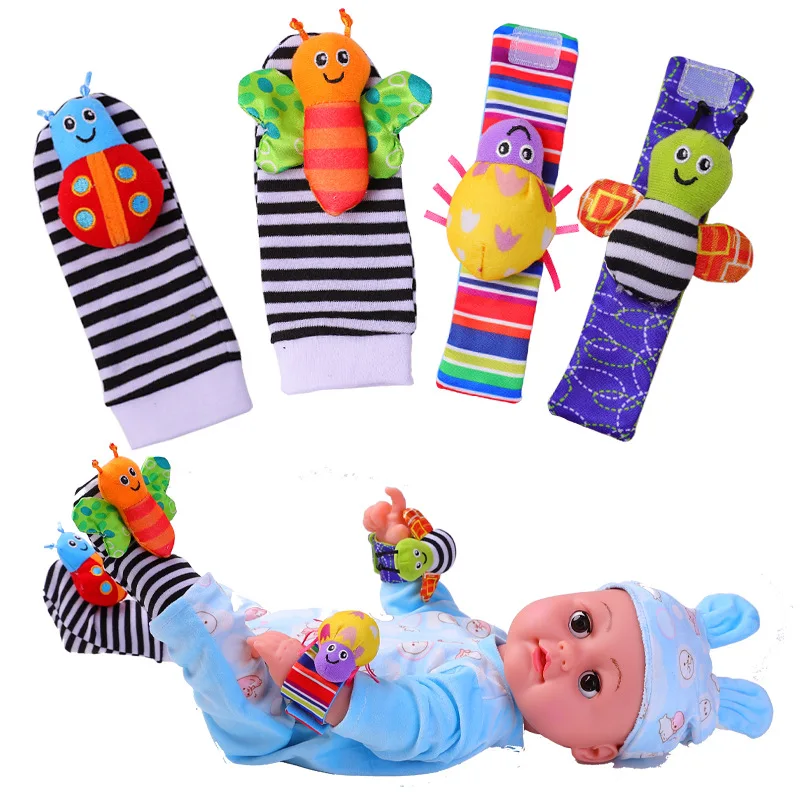 4Pcs Baby Toy 0-12 Months Baby Rattles Toys Animal Socks Wrist Strap +Rattle Baby Foot Socks Bug Wrist Strap Toddler Socks