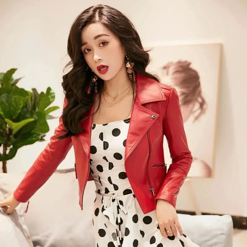 Women's Red Genuine Sheepskin Motorcycle Leather Jacket High Luxury Female Cropped Leather Jackets Slim Waist Zipper Jackets