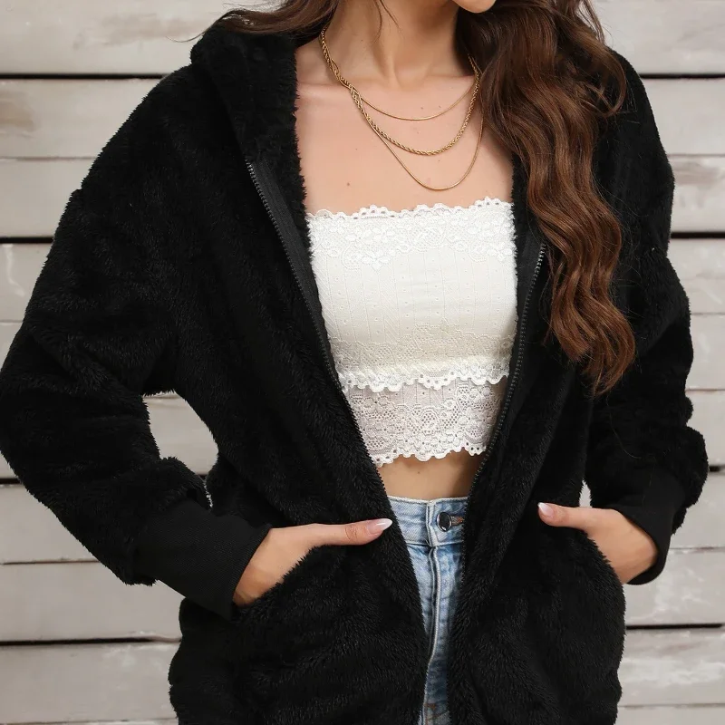Autumn Winter Women's Warm Black Jacket Casual Zipper Long Sleeve Loose Plush Thick Coat Pockets Hoodie Tops Outerwear Ladies