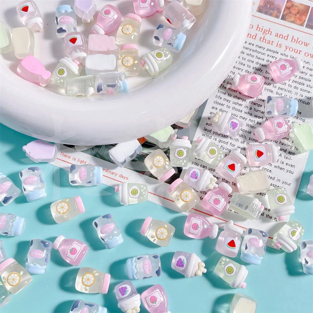 100pcs Cartoon Mini Transparent Fine Flash Milk Juice Beverage Resin Jewelry Accessories Handmade Hairpin Phone Case Decoration