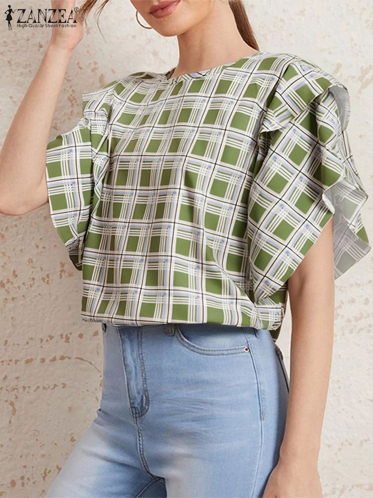 2025 ZANZEA Fashion Ruffled Blouse Women Elegant Office Work Tunic Casual Loose Blusas Printed Vintage Plaid Tops Oversized