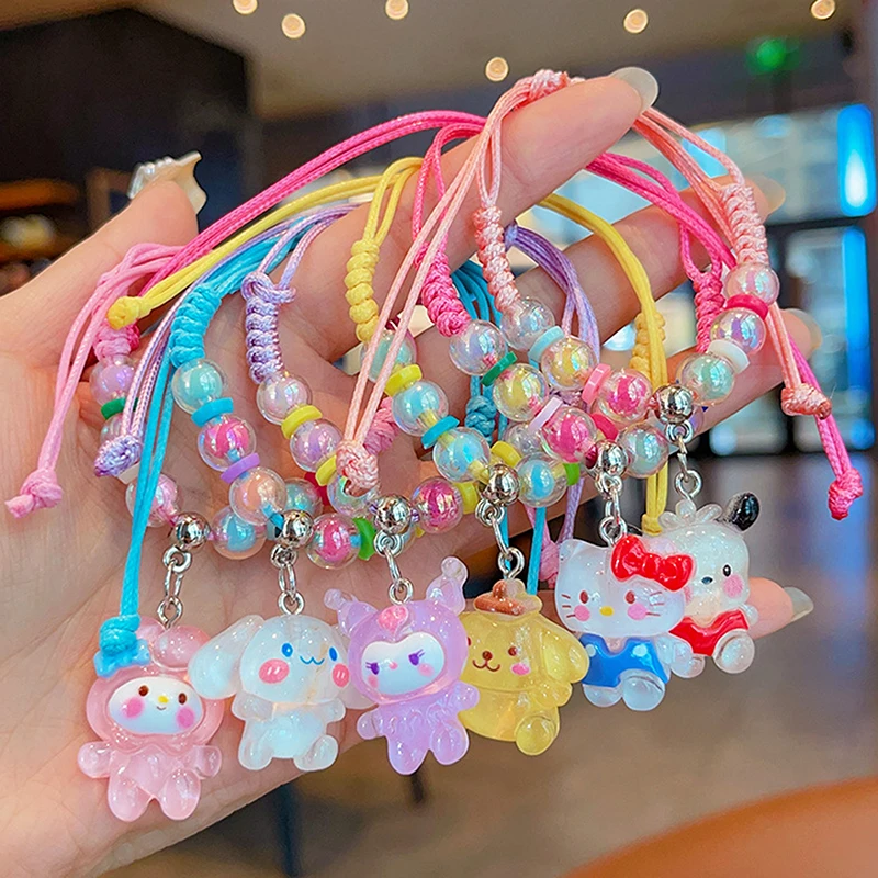 1PCS Kawaii Sanrio Hello Kitty Kuromi My Melody Cinnamoroll Bracelet For Women Girls Sweet Handmade Weaving Cartoon Bracelet