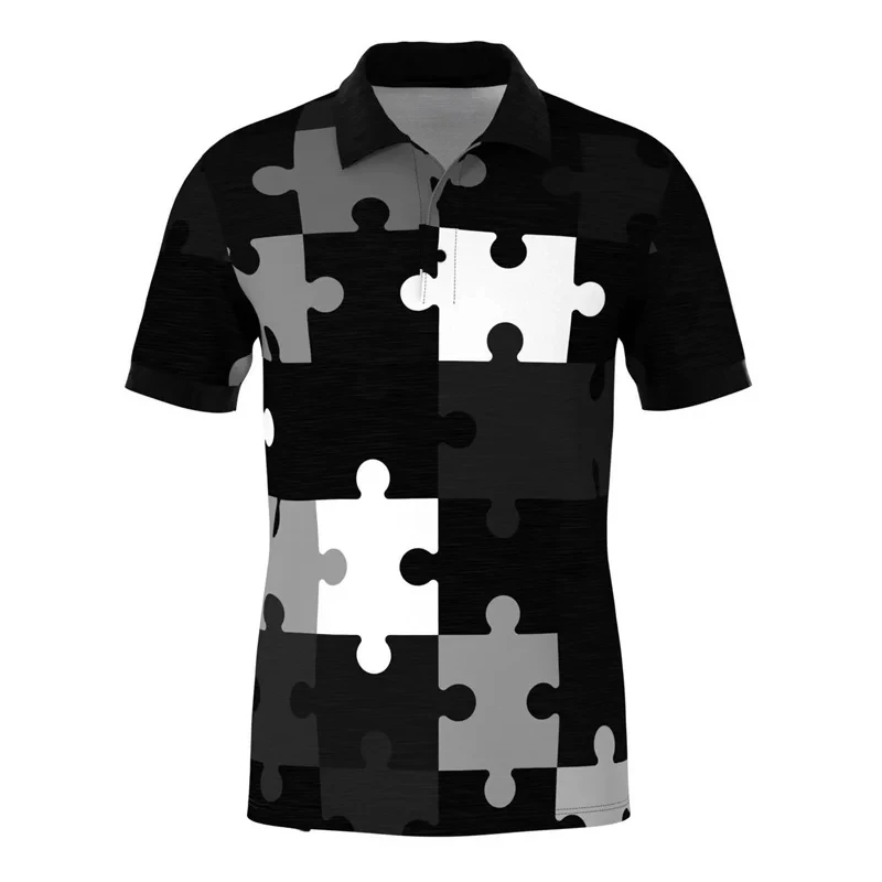 Funny Puzzle Graphic Polo Shirts For Men Clothes Fashion Puzzles Short Sleeve Puzzled Lapel POLO Shirt Splicing Block Male Tops