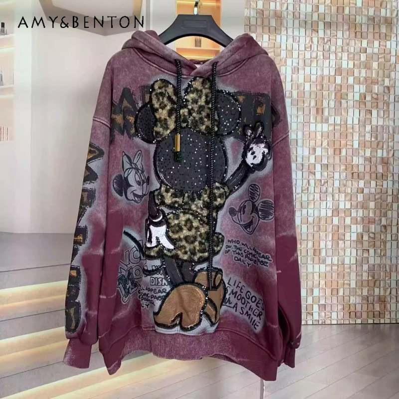 

Popular Brand Autumn Winter Fleece Coat Heavy Industry Leopard Cartoon Loose Hoodies Fashion Thick Hooded Sweatshirt For Women