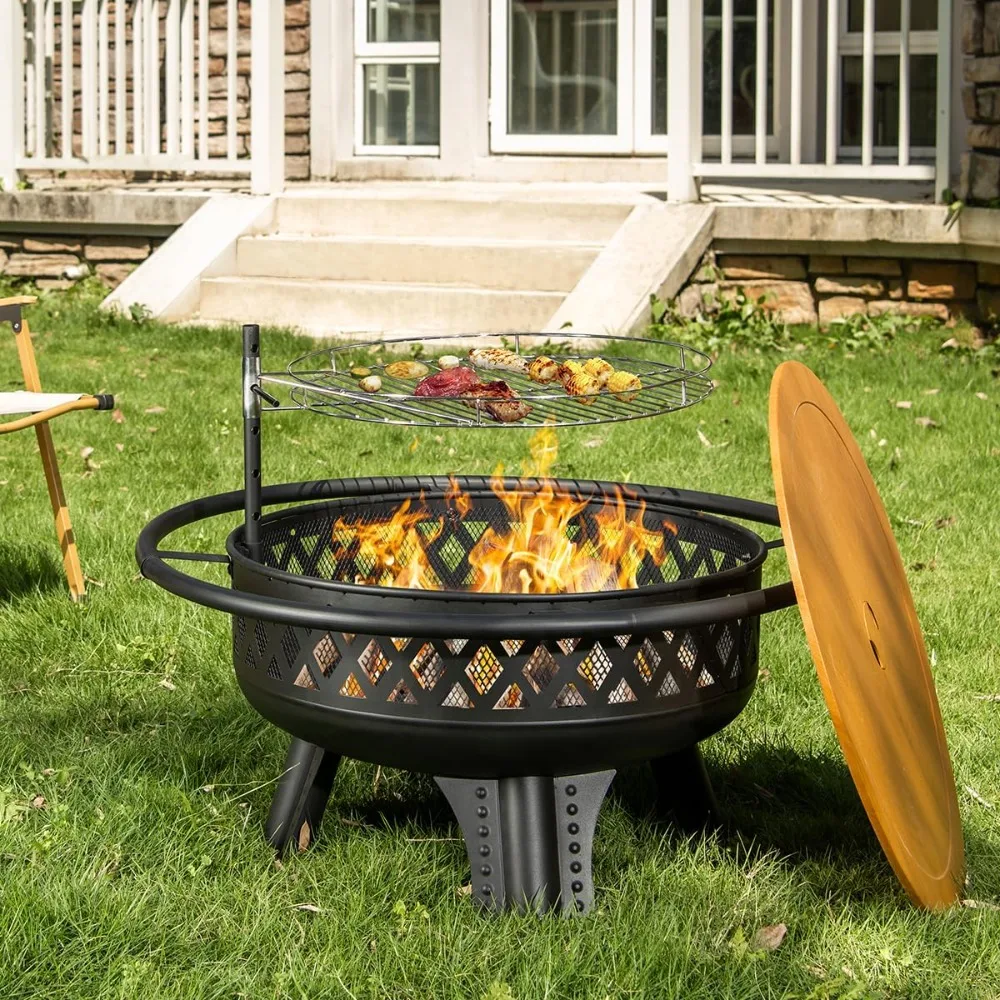 Outdoor Fire Pit with Grill, Wood Burning Firepit for Outside with Lid/Fire Poker, Metal Round Fire Pit Table for Patio