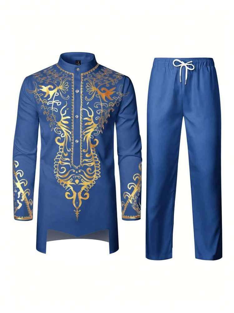 Muslim Robe Long-Sleeved Trousers The Traditional Dress of Arab Men 3D Pattern Printing Black White Yellow Navy Blue