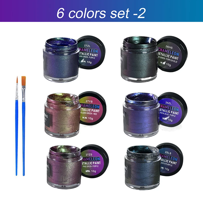 6pcs 10g Chameleon Metallic Paint Set with Brushes | Color Shift Acrylic for Resin, Canvas & Miniatures