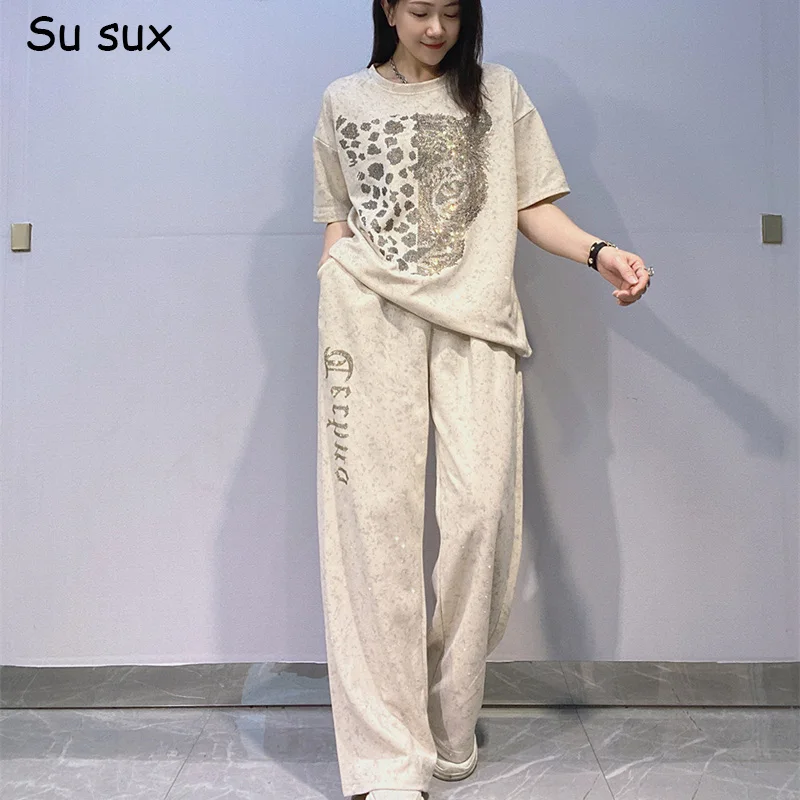 

2026 Summer Leopard Head Wide Leg Pant Sets Woman 2 Piece Outfits Casual O Neck Short Sleeve T Shirt Matching Sets Bust120cm