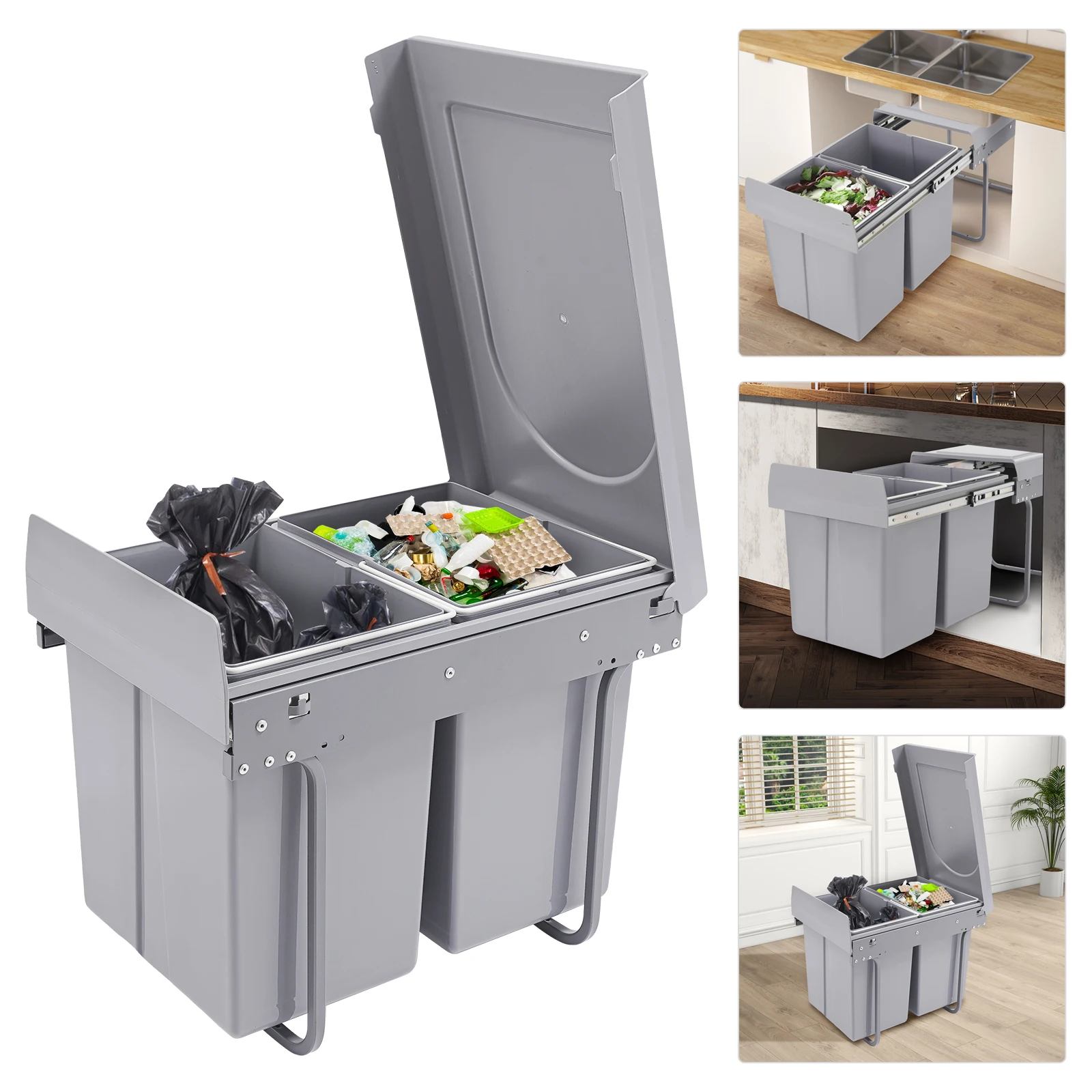 

20L Each Dual Pull-Out Trash Can Easy Install Under Cabinet Kitchen Waste Bin with 2 Bins Slide out Recycling Garbage Can
