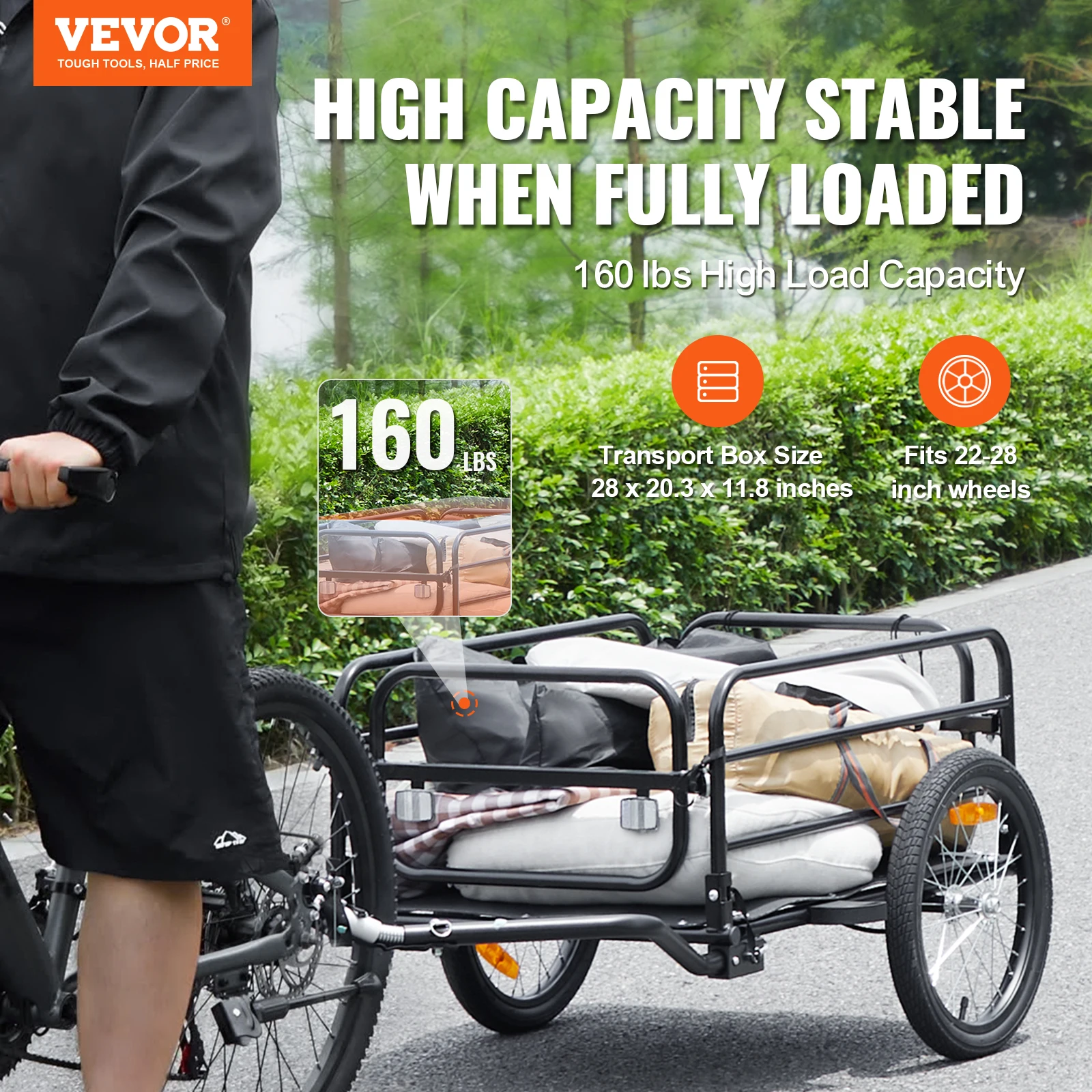 Imagem -02 - Vevor-bike Cargo Trailer Carrinho de Bicicleta Dobrável Engate Universal Armazenamento Compacto 22 28 Rodas de Bicicleta 160 Lbs