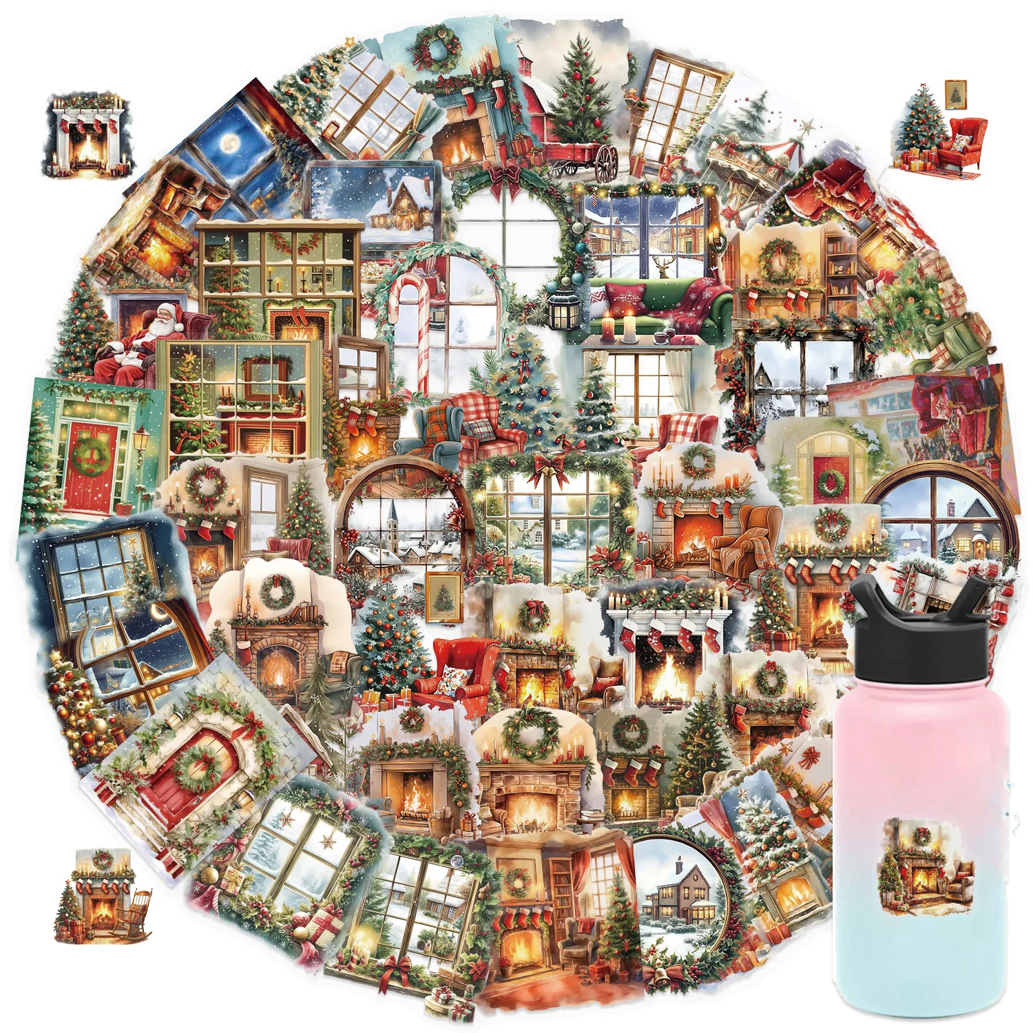 50 pezzi di scena natalizia per acquerello, adesivi trasparenti per graffiti della vigilia di Natale, decalcomanie decorative impermeabili per regali per feste per bambini